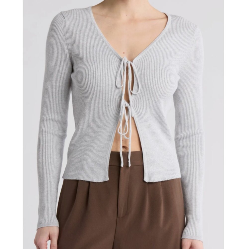 FRENCH CONNECTION Double Tie Front Rib Cardigan Light Gray Grey Ribbed Sweater